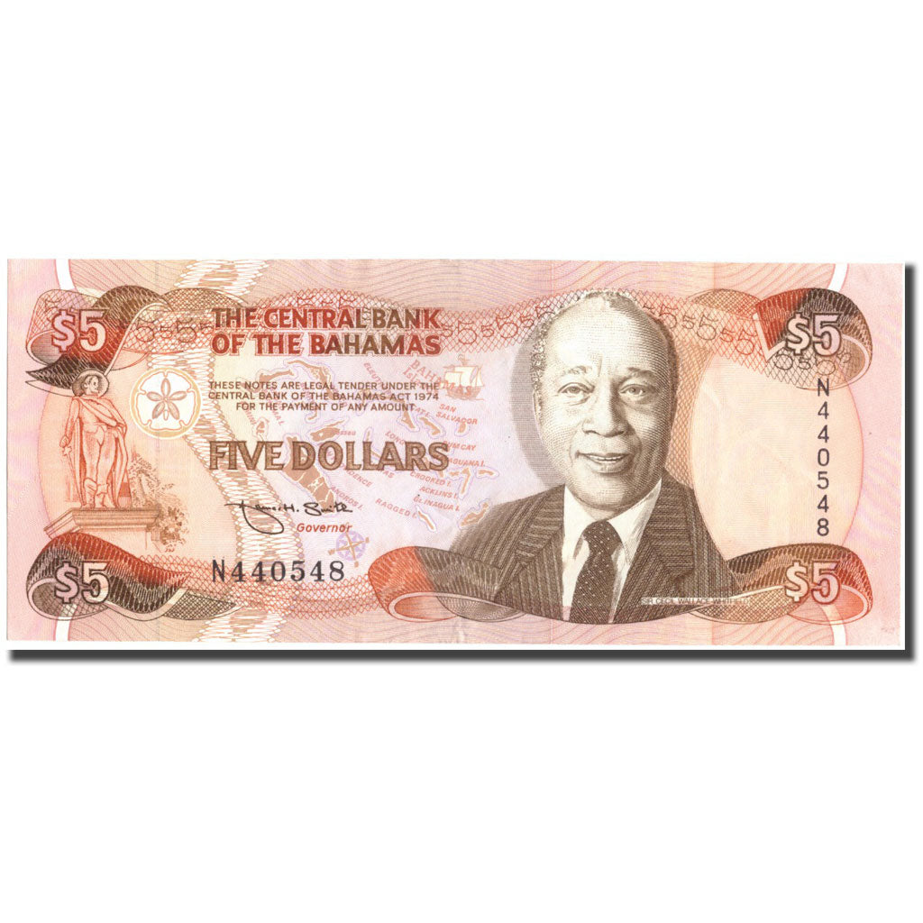 Geldschein, Bahamas, 5 Dollars, 1974, KM:52a, VZ+