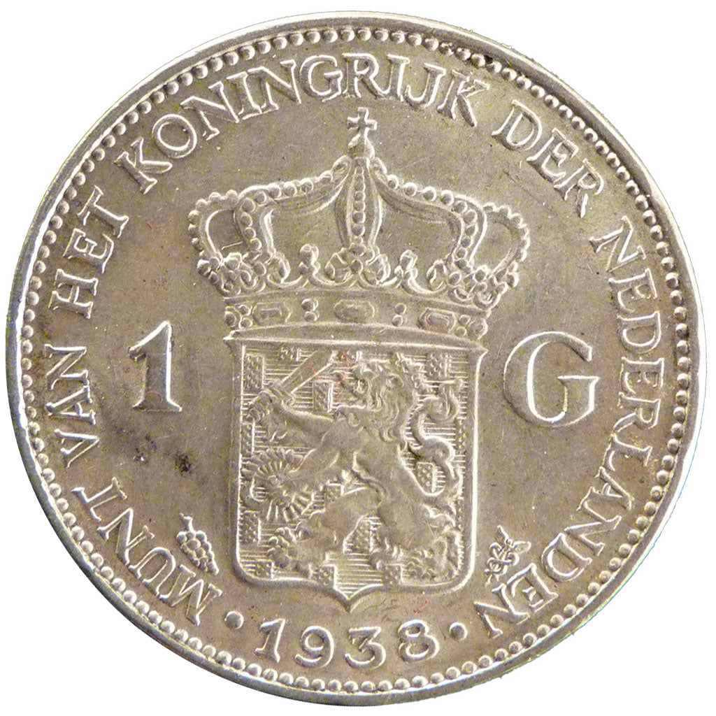 NETHERLANDS, Gulden, 1938, KM #161.1, AU(55-58), Silver, 28, 10.00