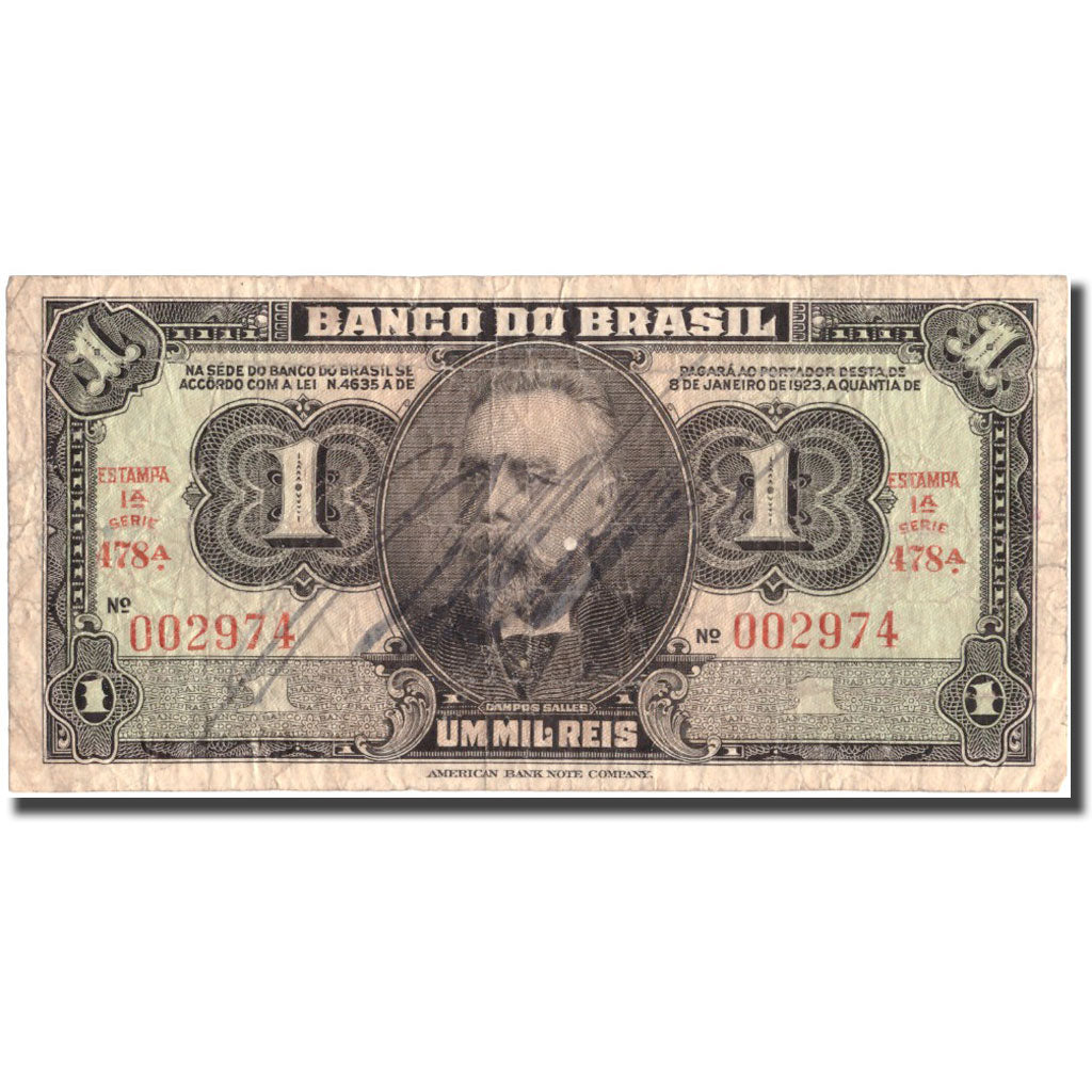 Banconote, Brasile, 1 Mil Reis (Cruzeiro), Undated (1944), KM:131a, B+