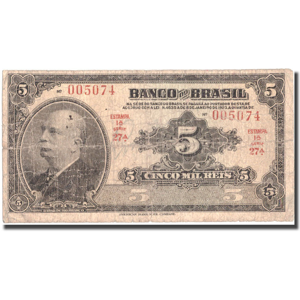 Banconote, Brasile, 5 Mil Reis, undated (1923), KM:112a, B+