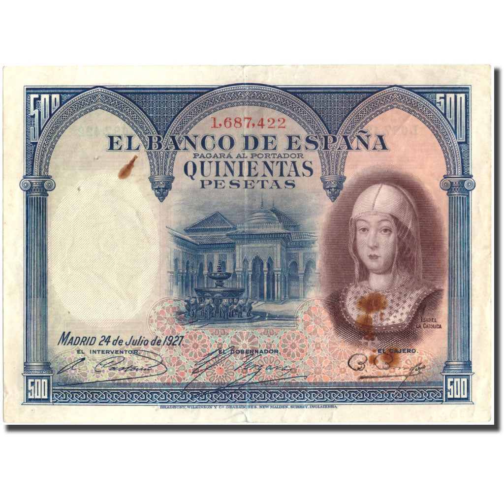 Banknote, Spain, 500 Pesetas, 1927, 1927-07-24, KM:73c, EF(40-45)