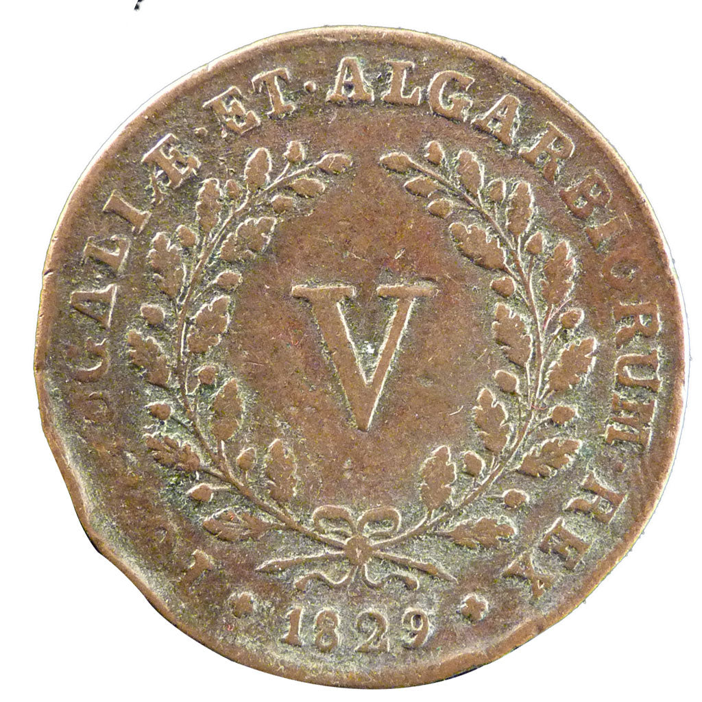 Portugal, 5 Reis, 1829, KM #389, VF(20-25), Bronze, 6.20