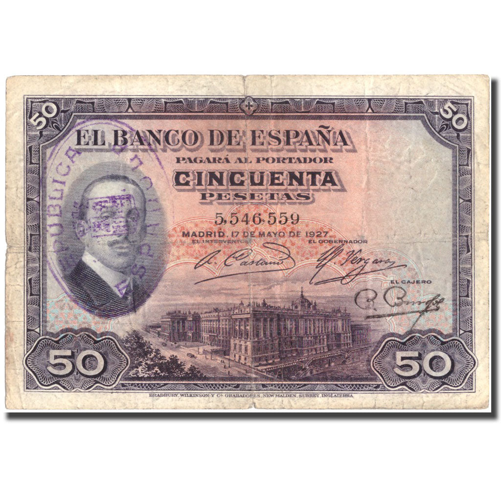 Billete, 50 Pesetas, 1927, España, 1927-05-17, KM:80, BC+