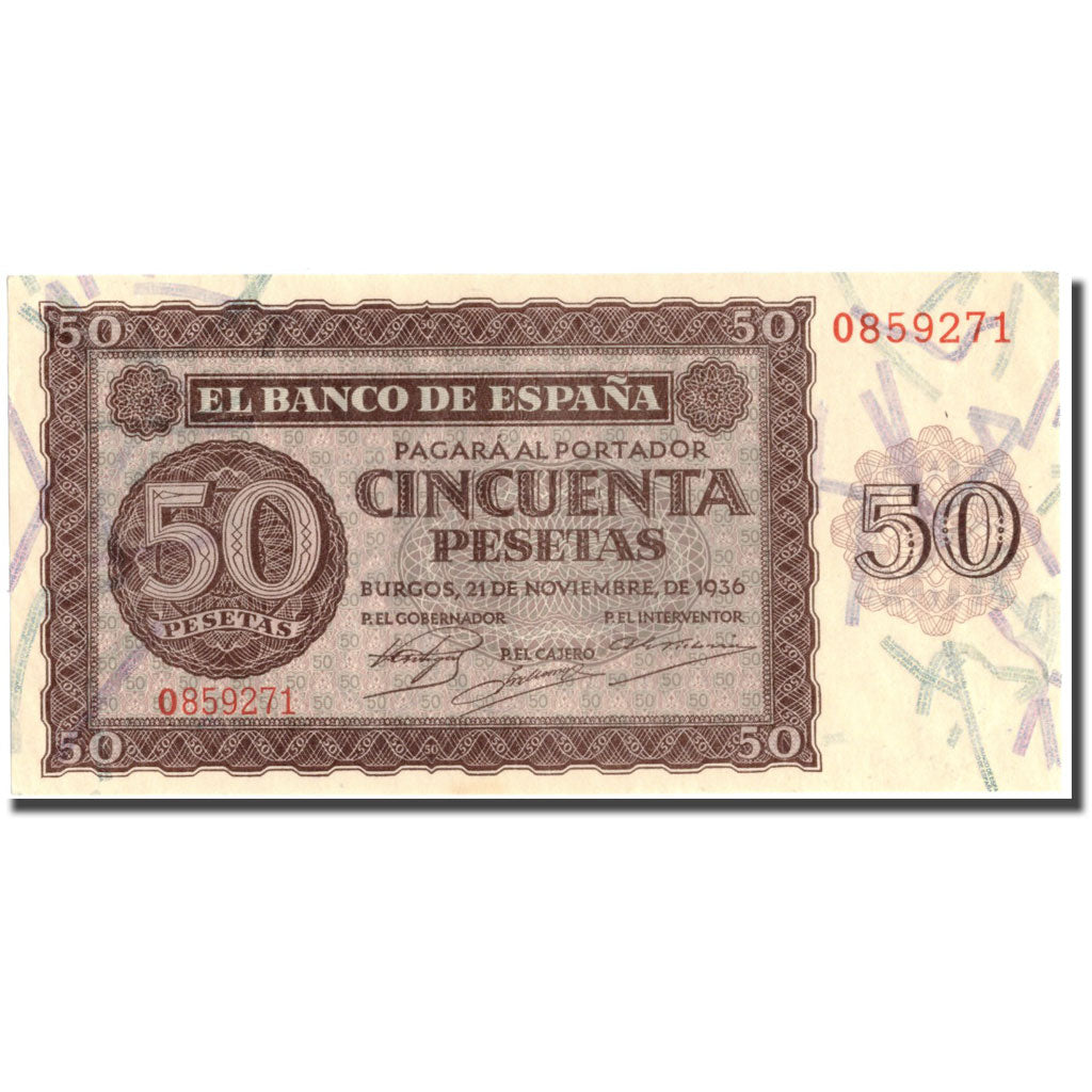 Banknote, Spain, 50 Pesetas, 1936, 1936-11-21, KM:100a, UNC(63)