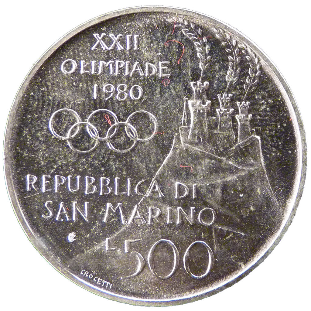SAN MARINO, 500 Lire, 1980, KM #110, MS(60-62), Silver, 29, 11.00