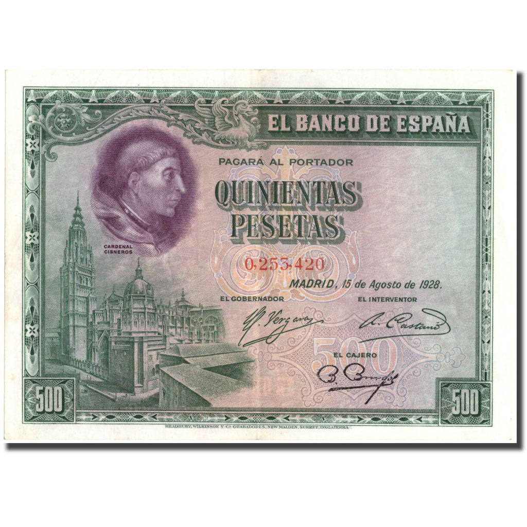 Billete, 500 Pesetas, 1928, España, 1928-08-15, KM:77a, EBC