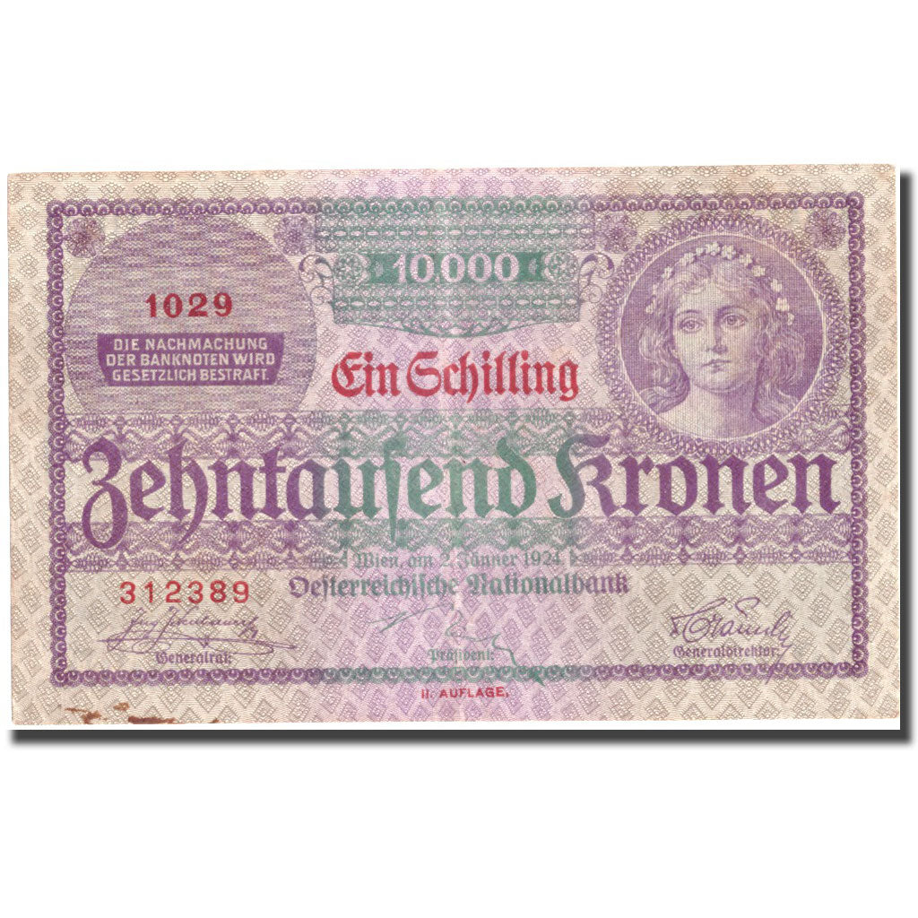 Banknote, Austria, 1 Schilling on 10,000 Kronen, 1924, 1924, KM:87, AU(55-58)