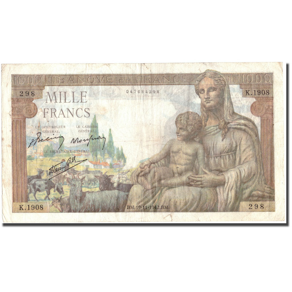 France, 1000 Francs, 1 000 F 1942-1943 ''Déesse Déméter'', 1942, 1942-11-19