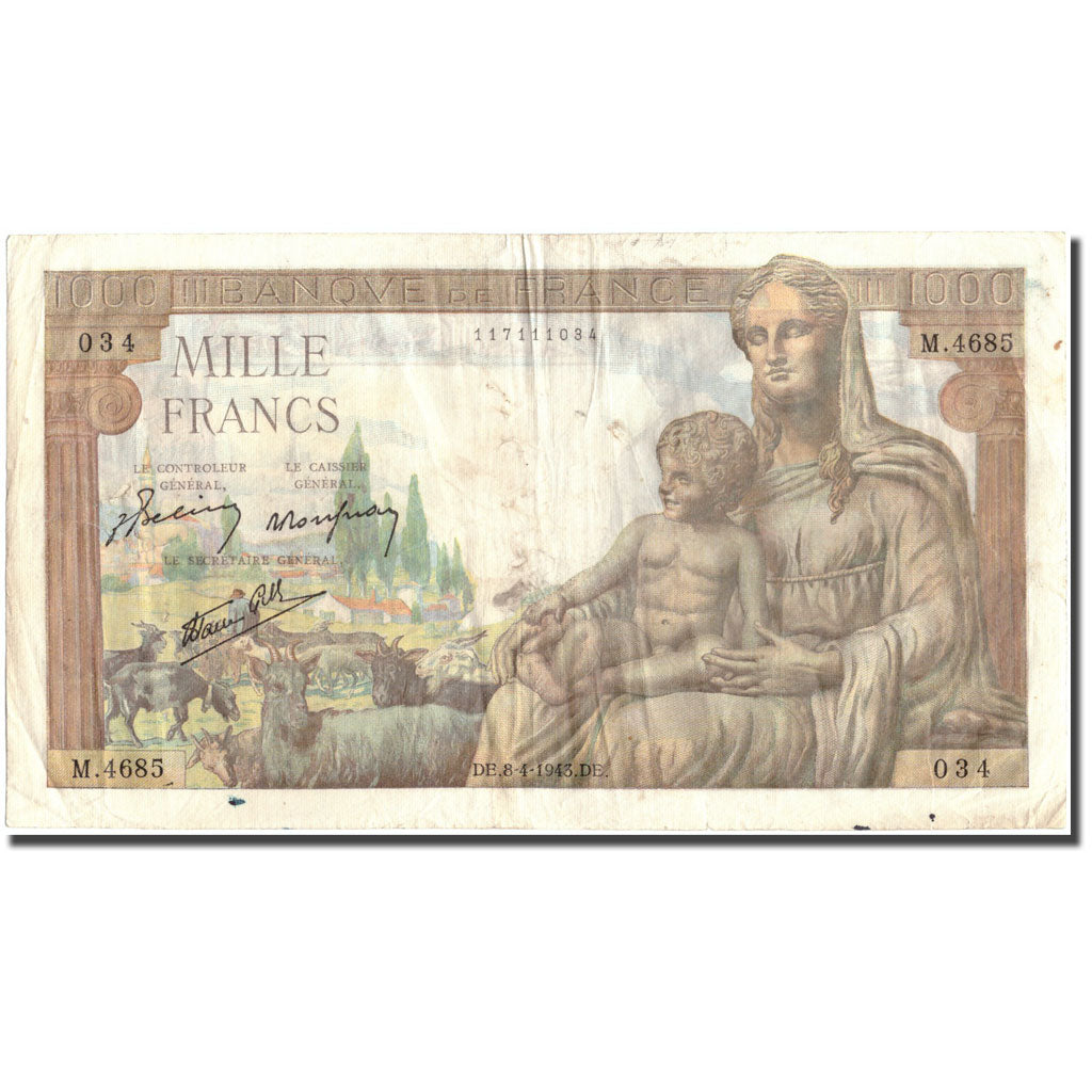 France, 1000 Francs, 1 000 F 1942-1943 ''Déesse Déméter'', 1943, 1943-04-08