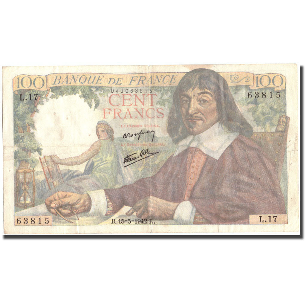 France, 100 Francs, 100 F 1942-1944 ''Descartes'', 1942, 1942-05-15, VF(30-35)