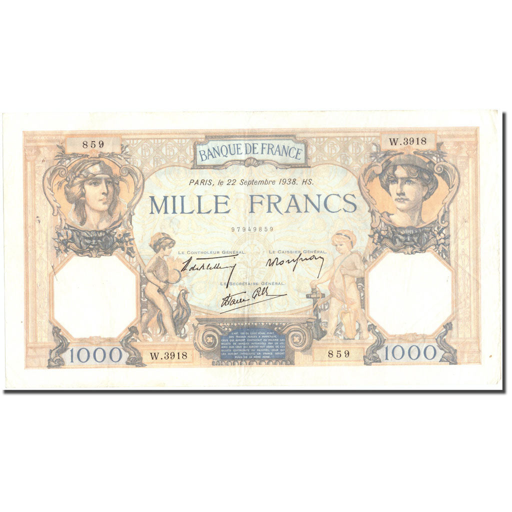 Frankreich, 1000 Francs, 1 000 F 1927-1940 ''Cérès et Mercure'', 1938