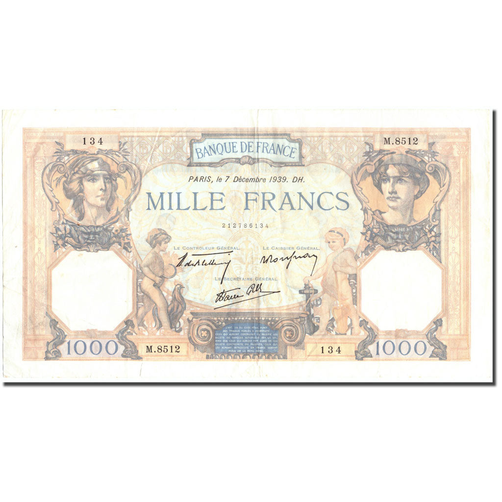 Francia, 1000 Francs, 1 000 F 1927-1940 ''Cérès et Mercure'', 1939