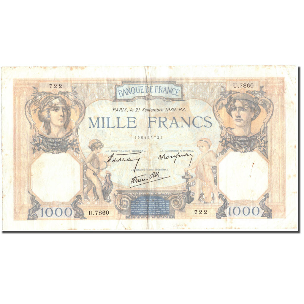 France, 1000 Francs, 1 000 F 1927-1940 ''Cérès et Mercure'', 1939, 1939-09-21