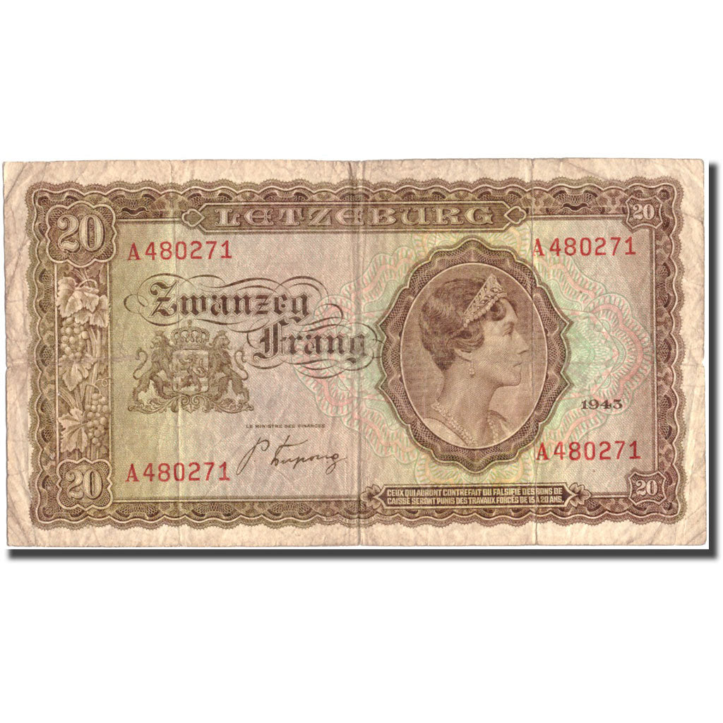 Banknote, Luxembourg, 20 Frang, 1943, 1943, KM:42a, VF(20-25)