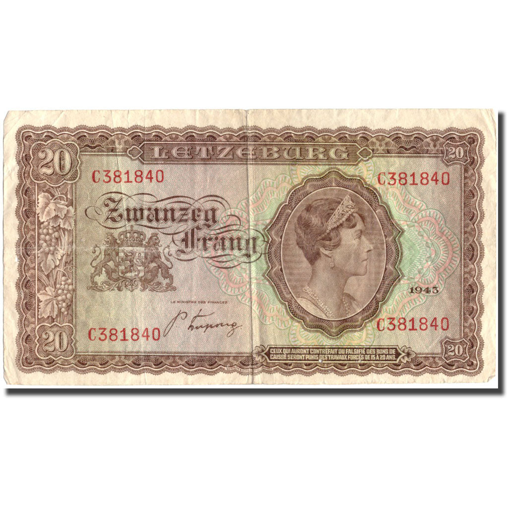 Banknote, Luxembourg, 20 Frang, 1943, 1943, KM:42a, VF(20-25)