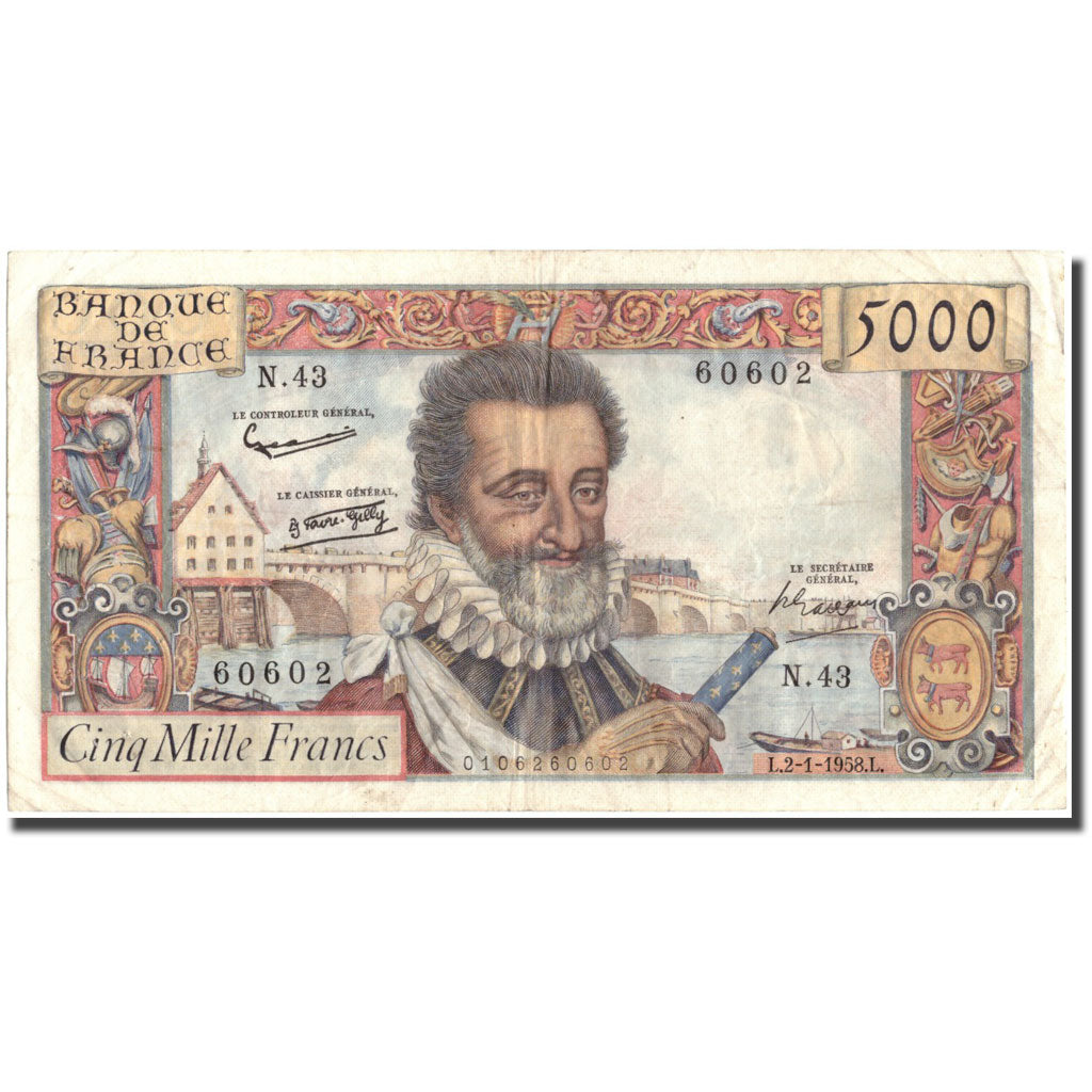 France, 5000 Francs, 5 000 F 1957-1958 ''Henri IV'', 1958, 1958-01-02, TTB