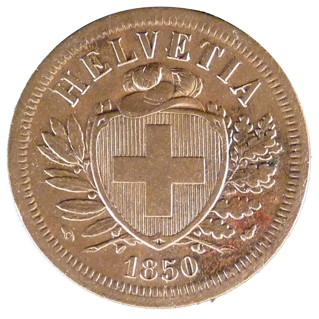 SWITZERLAND, 2 Rappen, 1850, Paris, KM #4.1, AU(55-58), Bronze, 20, 2.50