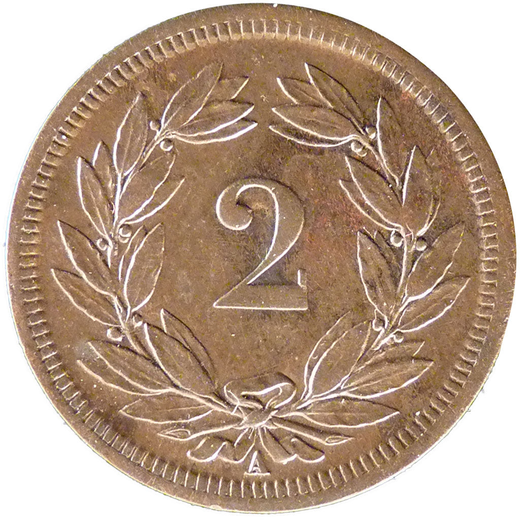 SWITZERLAND, 2 Rappen, 1850, Paris, KM #4.1, AU(55-58), Bronze, 20, 2.50