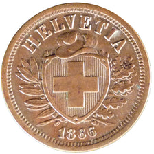 SWITZERLAND, 2 Rappen, 1866, Bern, KM #4.1, AU(55-58), Bronze, 20, 2.50