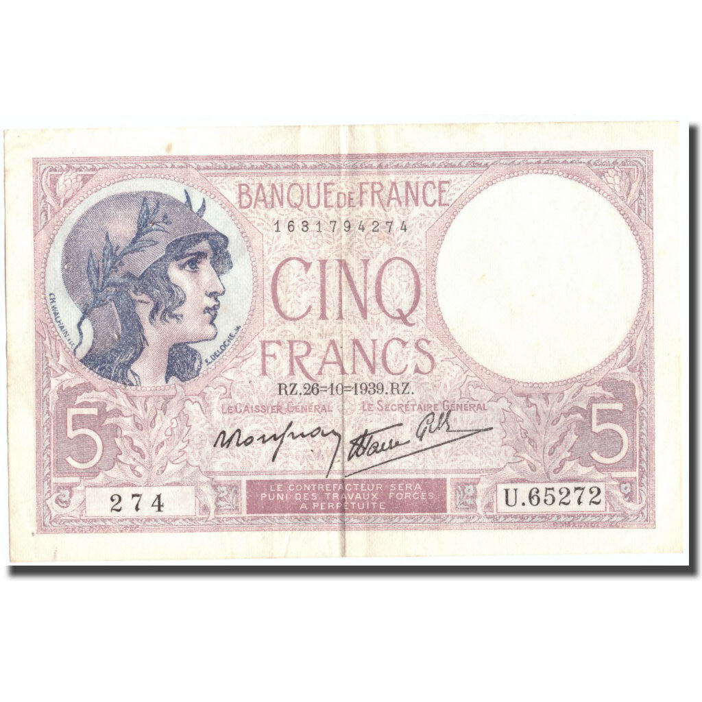 France, 5 Francs, 5 F 1917-1940 ''Violet'', 1939, 1939-10-26, AU(50-53)