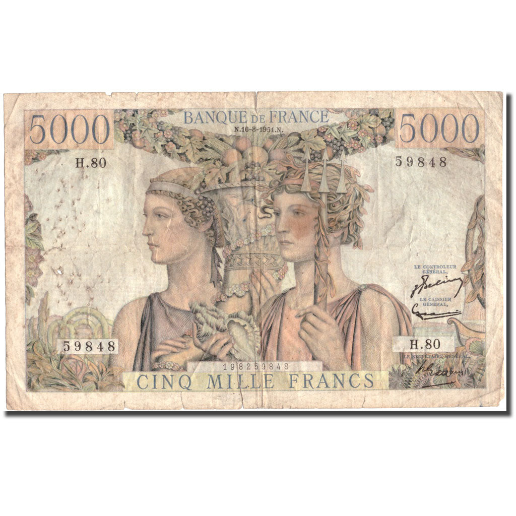 Francia, 5000 Francs, 5 000 F 1949-1957 ''Terre et Mer'', 1951, 1951-08-16, B+