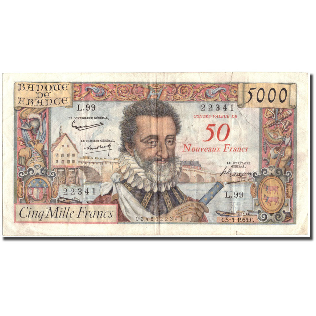 France, 50 Nouveaux Francs on 5000 Francs, 1955-1959 Overprinted with ''Nouveaux