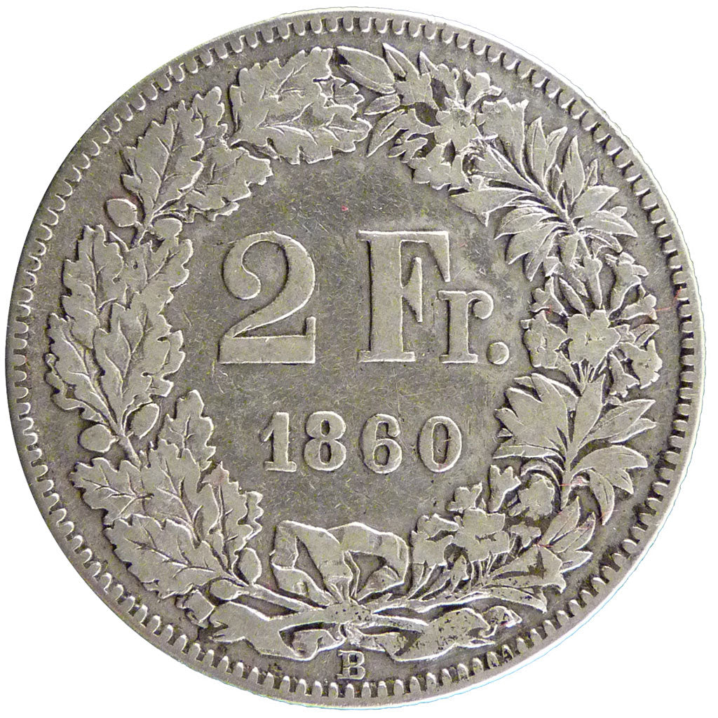 Switzerland, 2 Francs, 1860, Bern, KM #10, VF(30-35), Silver, 9.70