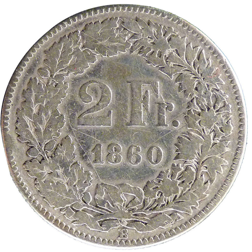 SWITZERLAND, 2 Francs, 1860, Bern, KM #10a, VF(20-25), Silver, 9.50