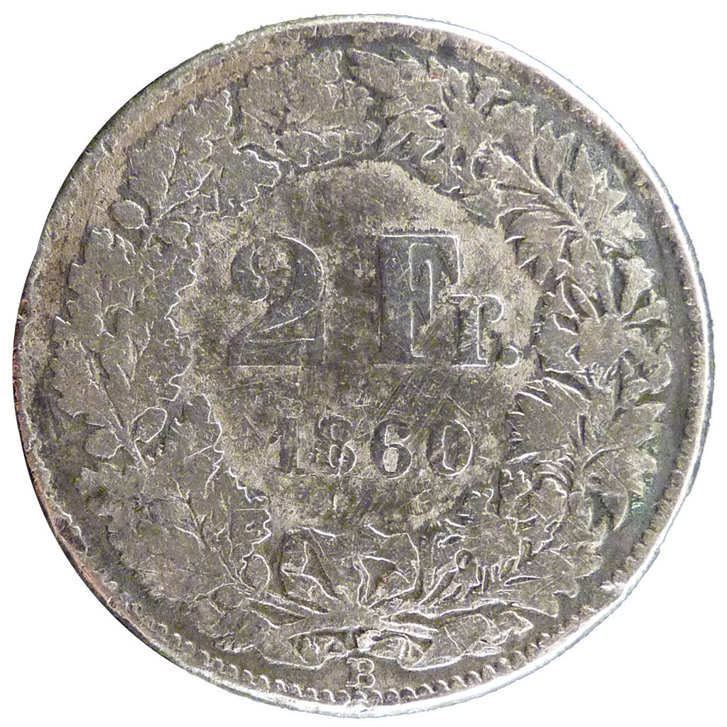 Switzerland, 2 Francs, 1860, Bern, KM #10a, VG(8-10), Silver, 9.20