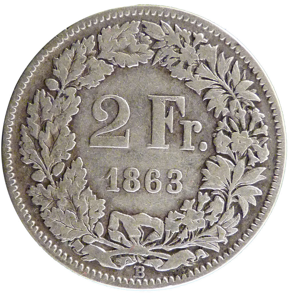 Switzerland, 2 Francs, 1863, Bern, KM #10a, VF(30-35), Silver, 9.70