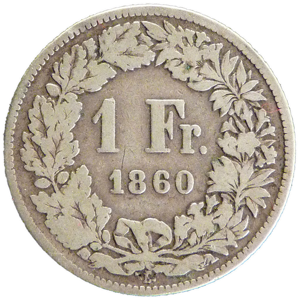 Switzerland, 1 Franc, 1860, Bern, KM #9a, F(12-15), Silver, 4.70