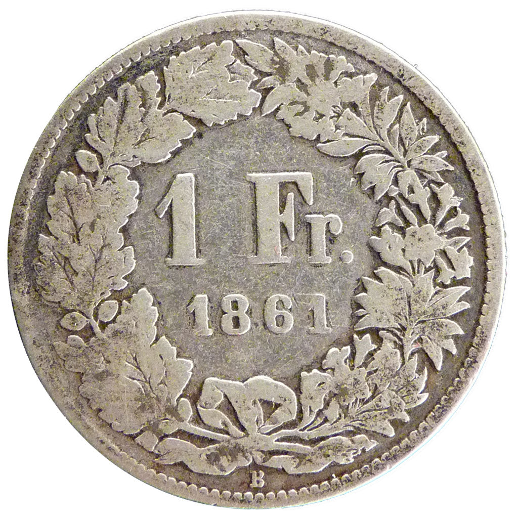 Switzerland, 1 Franc, 1861, Bern, KM #24, VG(8-10), Silver, 4.60