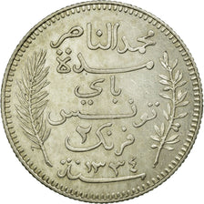 Coin, Tunisia, Muhammad al-Nasir Bey, 2 Francs, 1915, Paris, AU(50-53), Silver