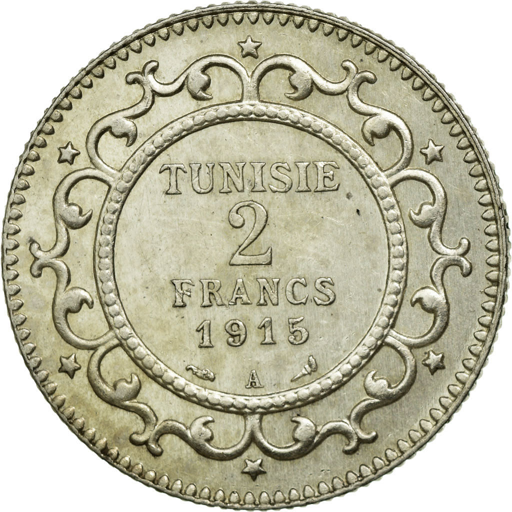 Coin, Tunisia, Muhammad al-Nasir Bey, 2 Francs, 1915, Paris, AU(50-53), Silver