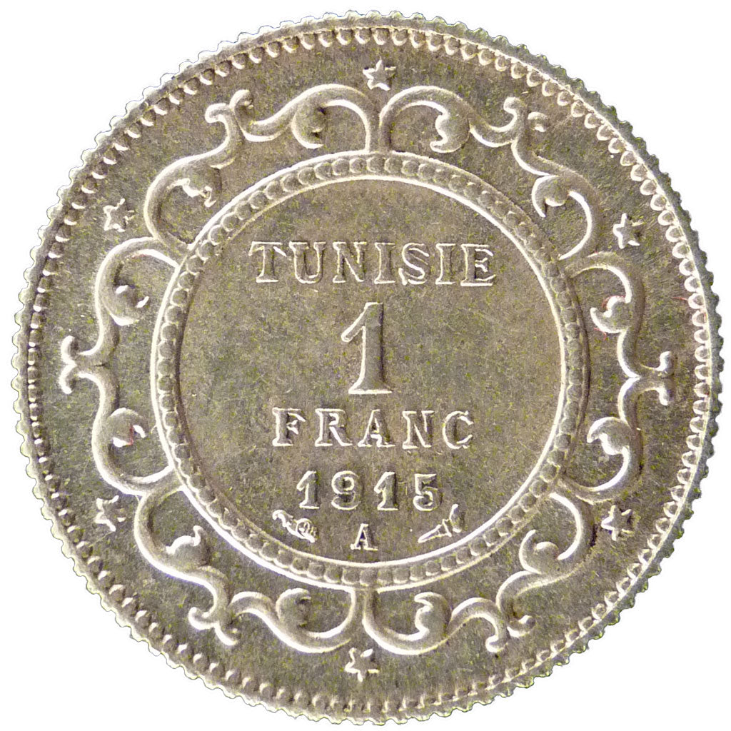 TUNISIA, Franc, 1915, Paris, KM #238, MS(60-62), Silver, Lecompte #217, 5.00