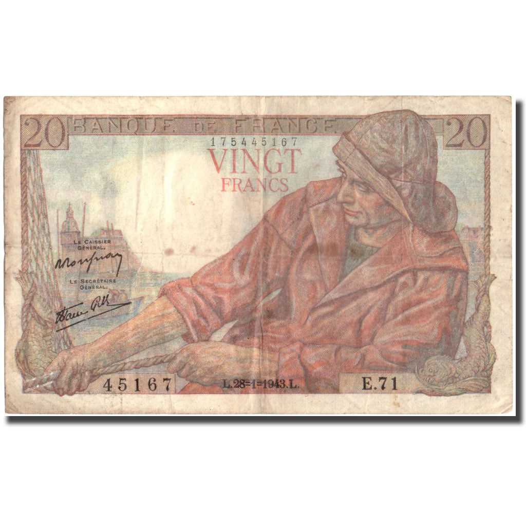 Frankrijk, 20 Francs, 20 F 1942-1950 ''Pêcheur'', 1943, 1943-01-28, TB