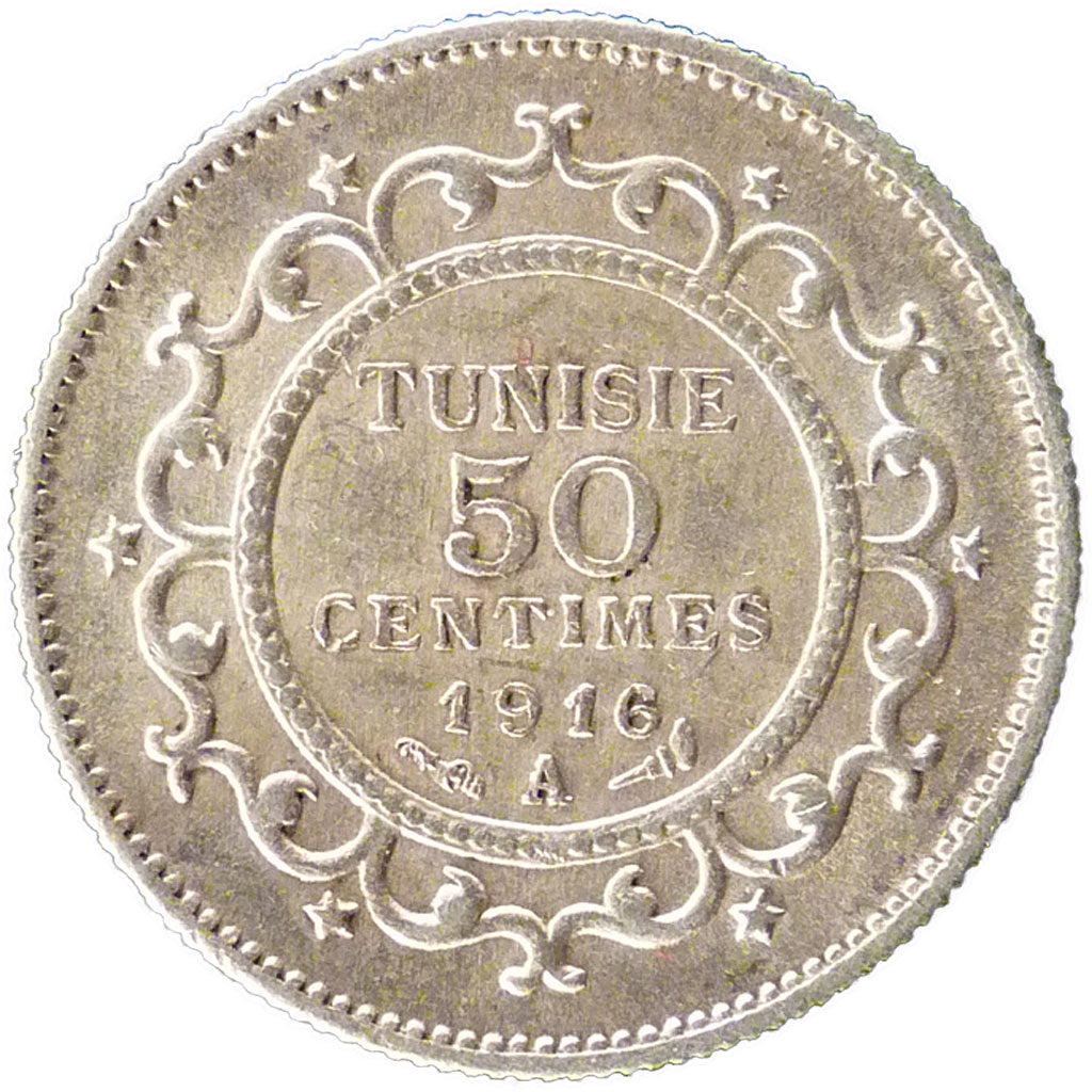 Tunisia, 50 Centimes, 1916, Paris, AU(50-53), Silver, Lecompte #165, 2.50