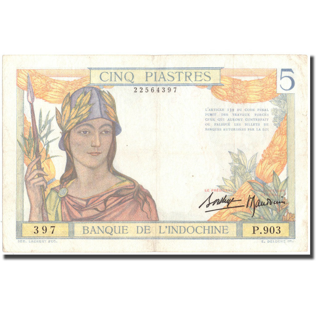 Banknote, FRENCH INDO-CHINA, 5 Piastres, Undated (1932-1939), KM:55b, EF(40-45)