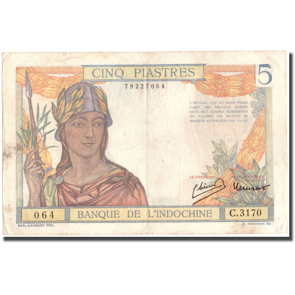 Billet, FRENCH INDO-CHINA, 5 Piastres, Undated (1932-1939), KM:55c, TTB