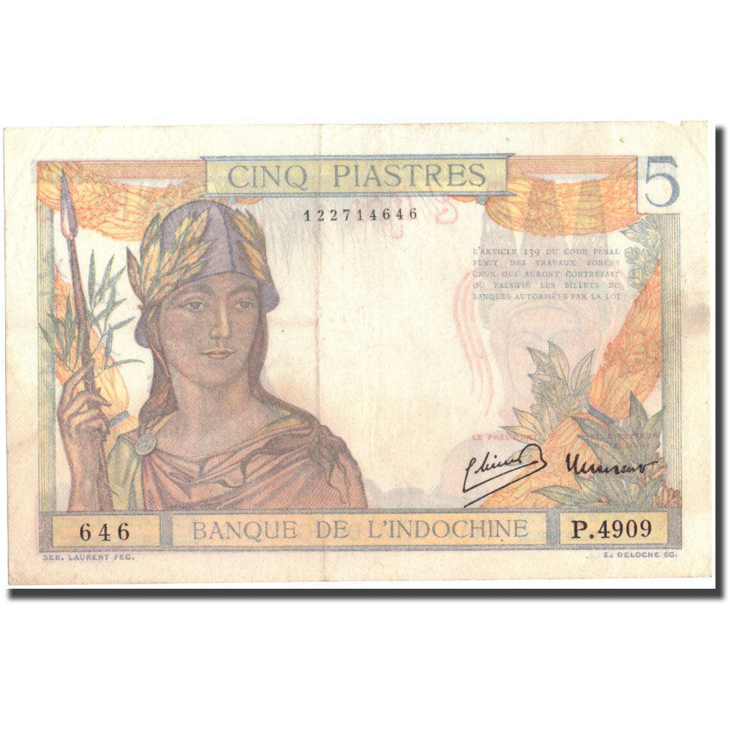 Banconote, INDOCINA FRANCESE, 5 Piastres, Undated (1932-1939), KM:55c, BB