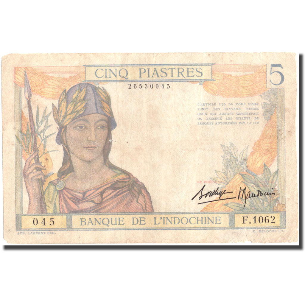 Banknote, FRENCH INDO-CHINA, 5 Piastres, Undated (1932-1939), KM:55b, VF(20-25)