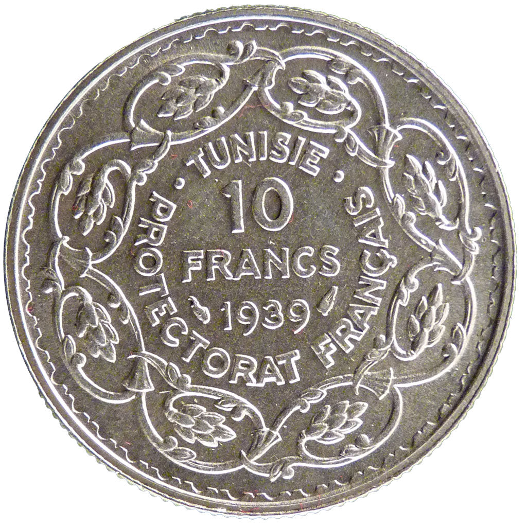 Tunisia, 10 Francs, 1939, AU(55-58), Silver, Lecompte #334, 10.00