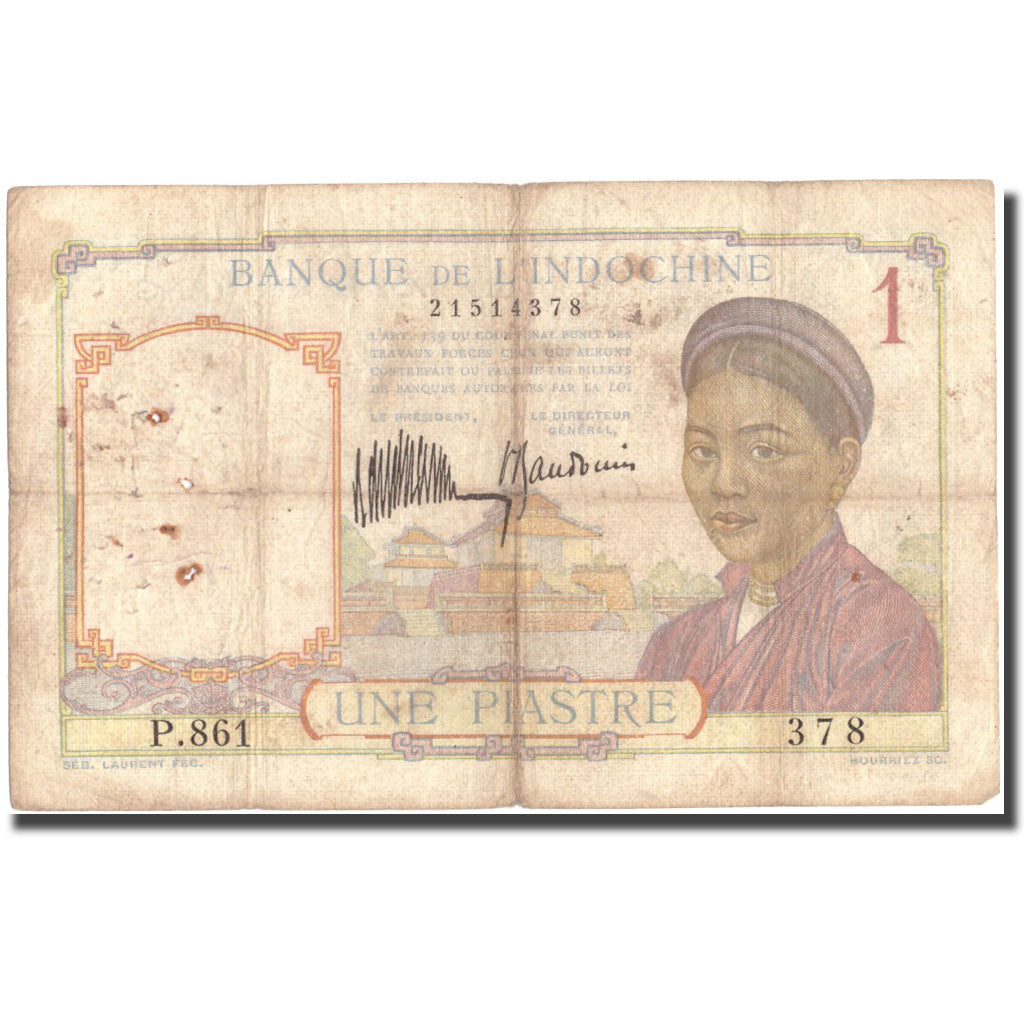 Biljet, FRANS INDO-CHINA, 1 Piastre, Undated (1932-1939), KM:54a, B+