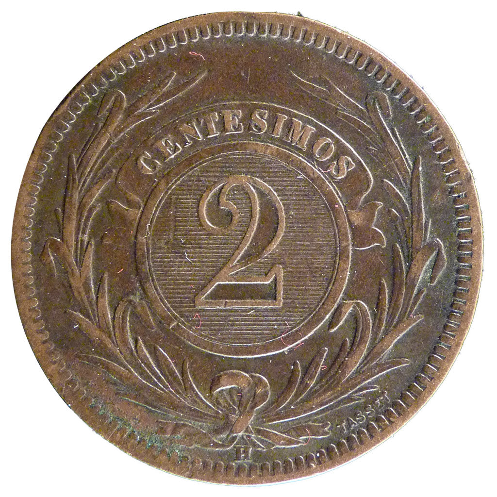 Uruguay, 2 Centesimos, 1869, Heaton, KM #12, EF(40-45), Bronze, 29.9, 9.90