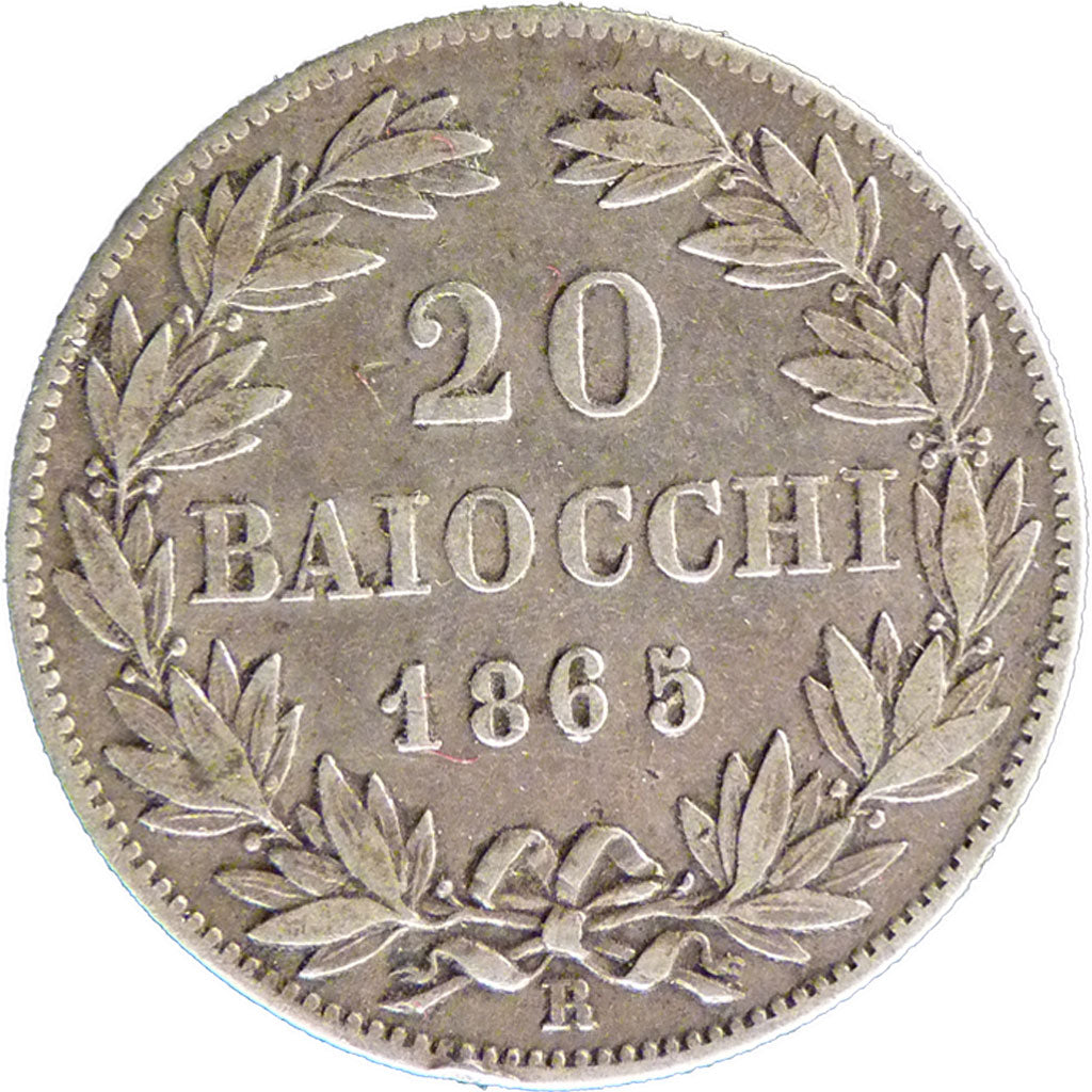 ITALIAN STATES, 20 Baiocchi, 1865, Roma, KM #1360, VF(30-35), Silver, 5.30