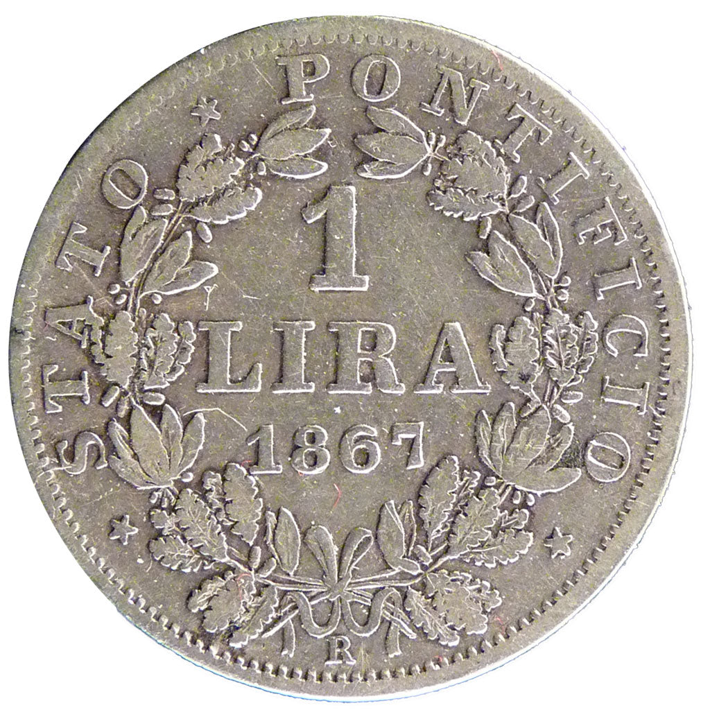 ITALIAN STATES, 1 Lira, 1867, Roma, KM #1378, VF(30-35), Silver, 4.80