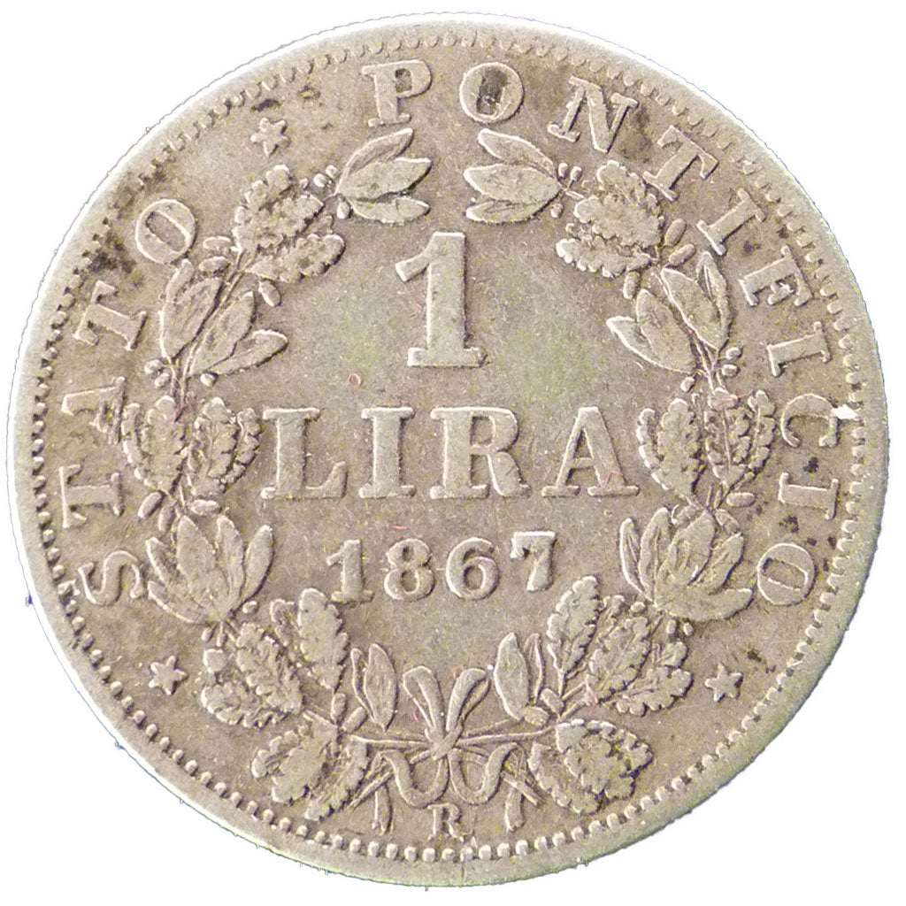 ITALIAN STATES, Lira, 1867, Roma, KM #1378, VF(30-35), Silver, 4.90
