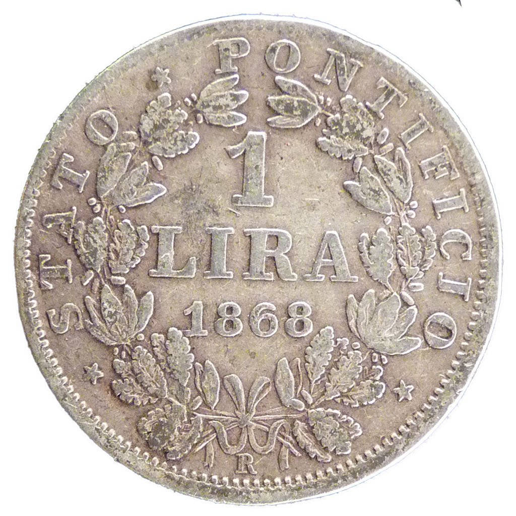 ITALIAN STATES, Lira, 1868, Roma, KM #1378, EF(40-45), Silver, 4.90
