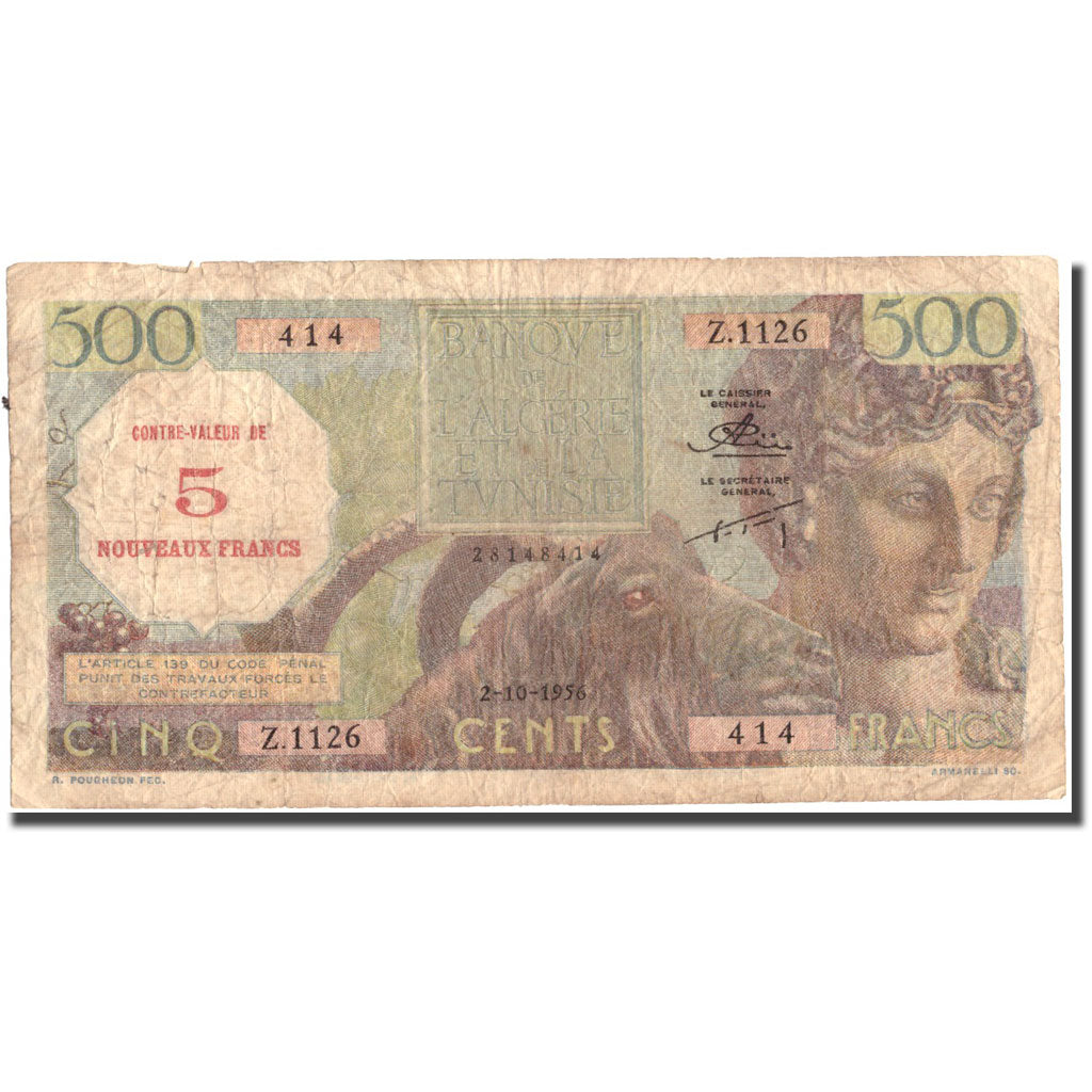 Banknote, Algeria, 5 NF on 500 Francs, 1956, 1956-10-02, KM:111, VF(20-25)
