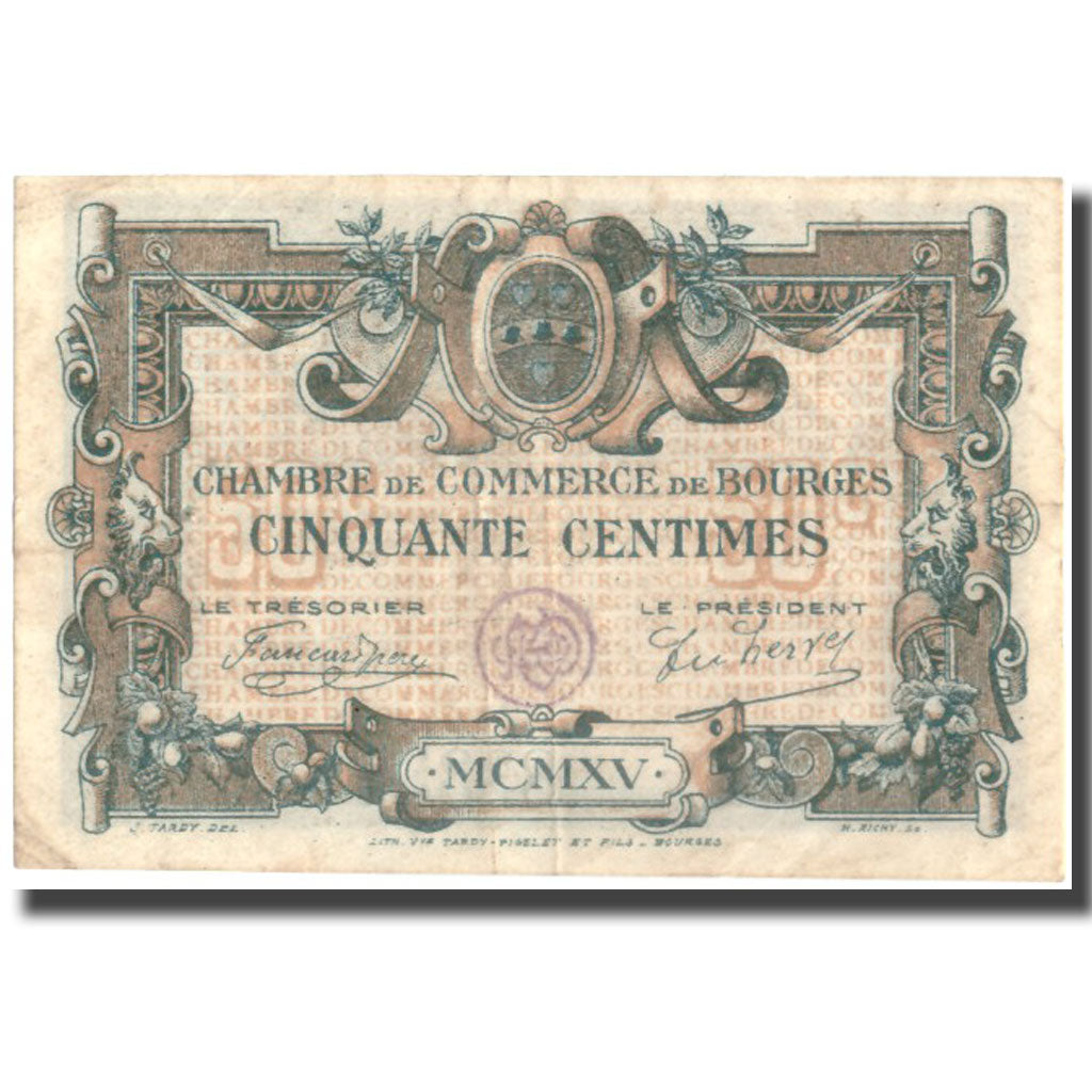 France, Bourges, 50 Centimes, 1915, EF(40-45), Pirot:32-1